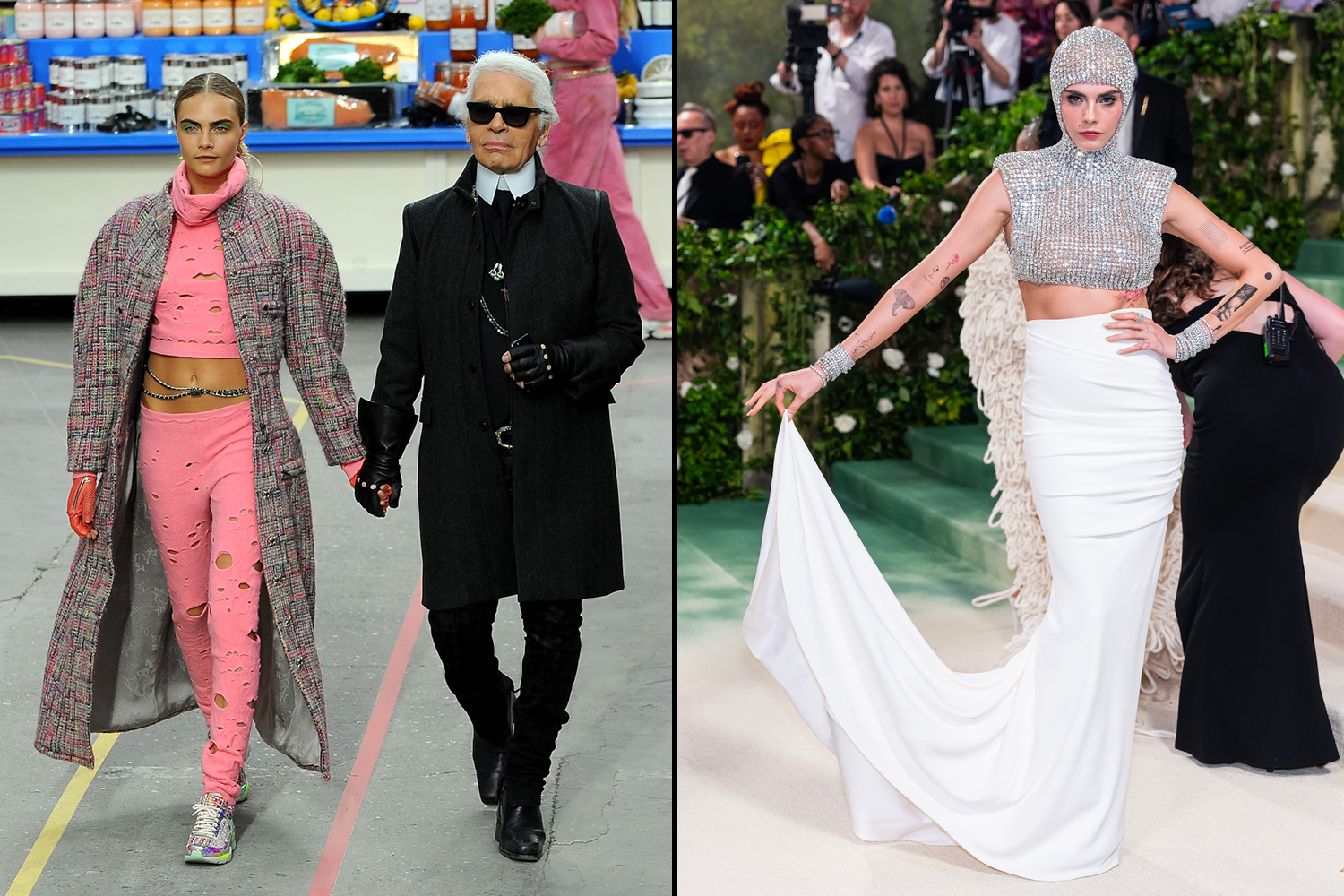 De izquierda a derecha: Delevingne con Karl Lagerfeld en el desfile de otoño/invierno 2014 de Chanel; en el Met Gala en mayo